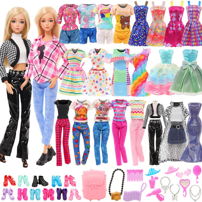 Barwa Lot 36 Items 3 Fashion Dresses 3 Casual Tops and Pants Outfits 6 Pcs Mini Dresses with 1 Bags 10 Shoes, 13 Accessories for 11.5 Inch Girl Doll Birthday Xmas - Image 1